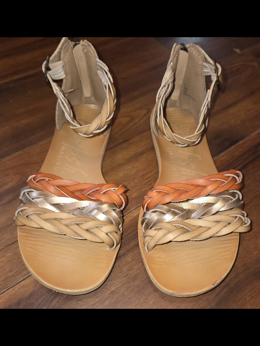 Blowfish Malibu Girl's Delite-K braided flat sandal Tan Silver Orange Zip Ankle